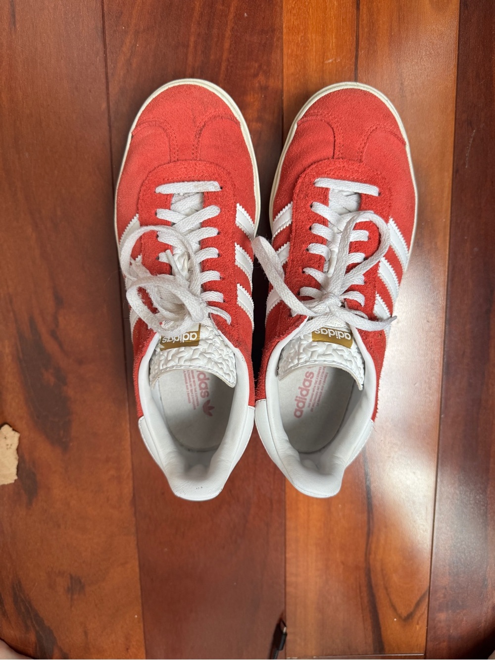adidas Red Suede Gazelle Sneakers with White Stripes and Laces